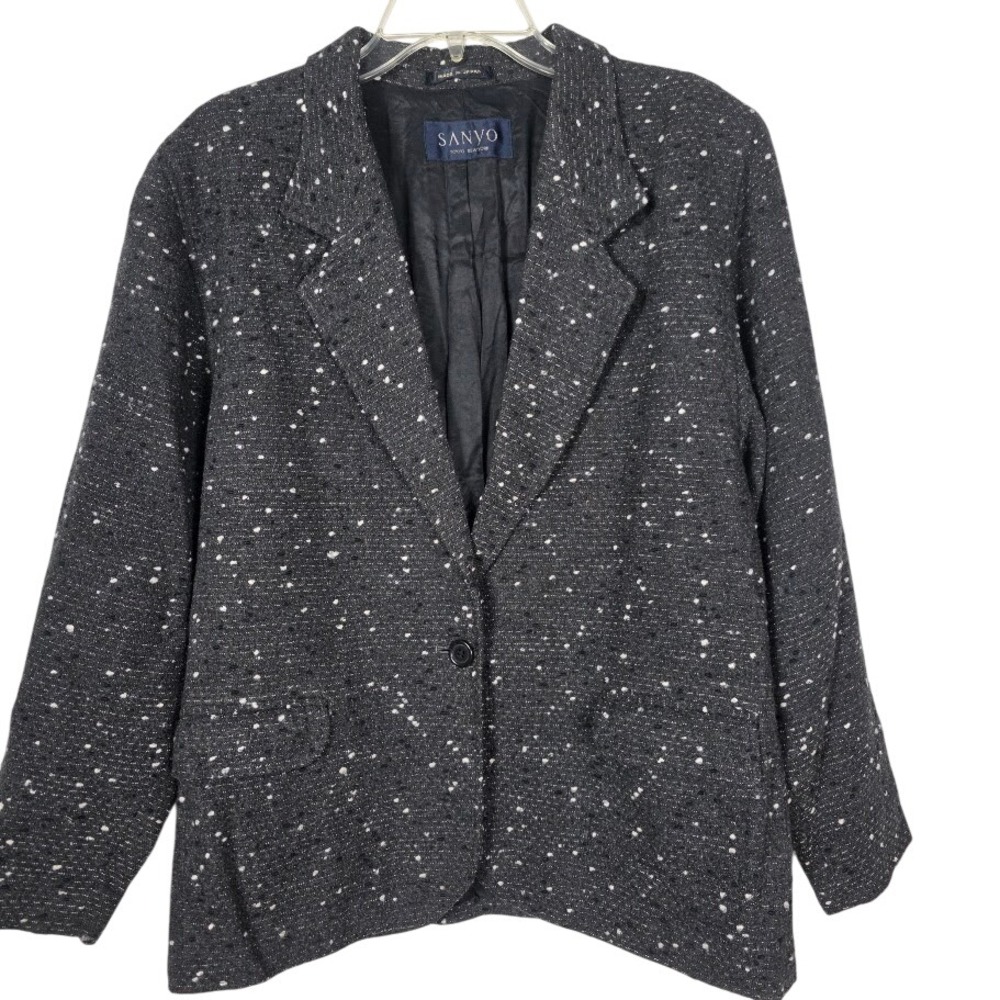 Sanyo Blazer Women 10 Grey Tweed Single Button Japan Made Tokyo New York Jacket